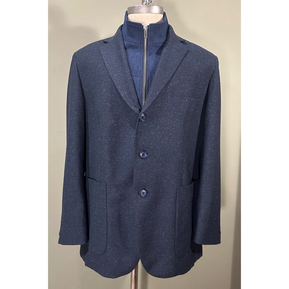 Bugatchi Sport Coat Blazer Mens Sz 44R Navy Wool Silk Blend Removable Zip Bib